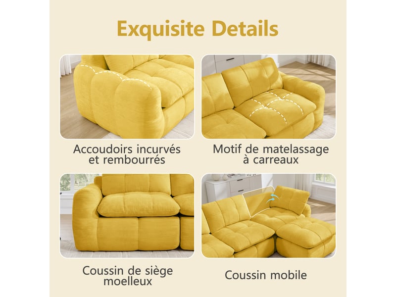 Canapé d'angle en u 3 places sans cadre, canapé modulaire, housse chenille douce, mousse 32d, sans montage, 2 poufs, jaune - Conforama D