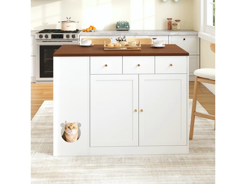  Îlot de cuisine avec plateau extensible et espace, meuble de rangement avec tiroirs et étagères, blanc et noyer, 120cm  - Conforama R