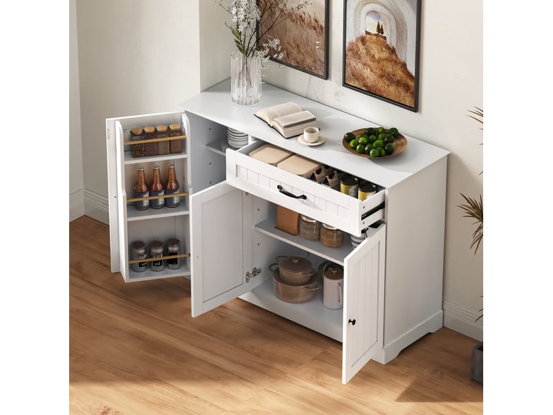  Buffet bas meuble d'entrée 107x40x84 cm avec 3 portes 1 tiroir, mdf blanc, large poignées structure en métal, style minimaliste  - Conforama D
