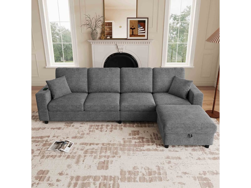 Canapé d'angle l 4 places 282x153x82 cm en polyester avec pouf coffre mobile, accoudoir led usb-c, coussins amovibles, canapé modulable moderne -gris - Conforama D