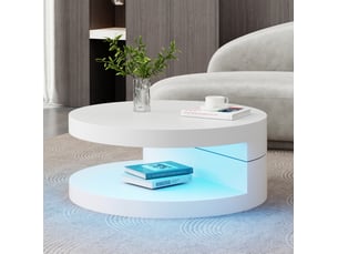 Table basse ronde à plateau pivotant 360 avec led et 2 niveaux de rangement pour salon, 70 × 70 × 35,5 cm