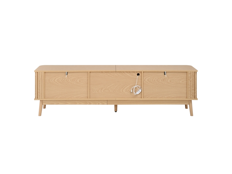  Meuble tv avec 4 tiroirs, 2 portes vitrées et led via application, 180×40×50 cm, en panneau de particules naturel  - Conforama E