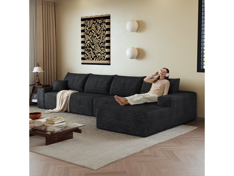  Canapé d'angle, canapé modulable, assise profonde, livré monté, design moderne, 340 cm, pour salon, chambre, noir, appartement  - Conforama R