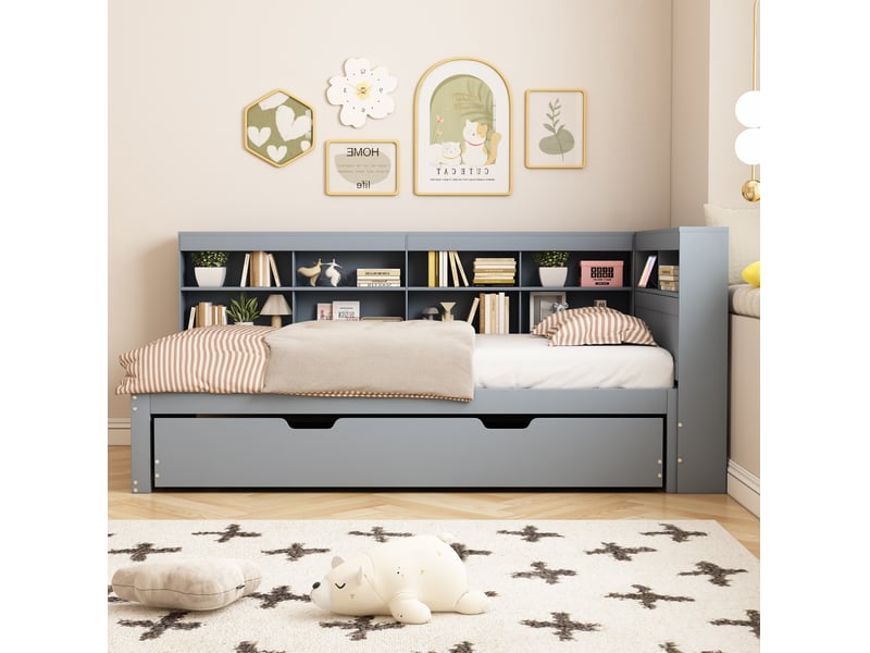 Lit gigogne 90x200 cm avec prise usb, rangements et couchage 90x190 cm, gris - Conforama D