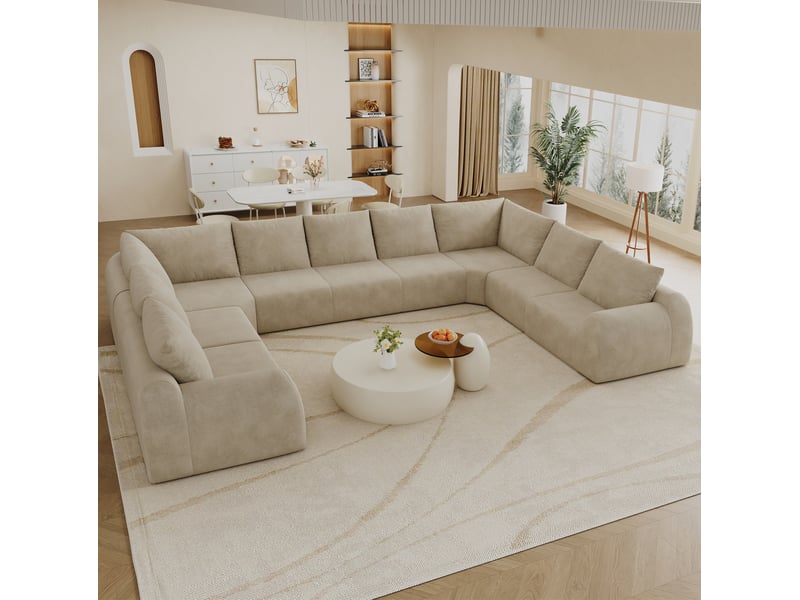  Canapé panoramique en u 9 places en chenille avec mousse haute élasticité, sans montage, pour salon, khaki  - Conforama B