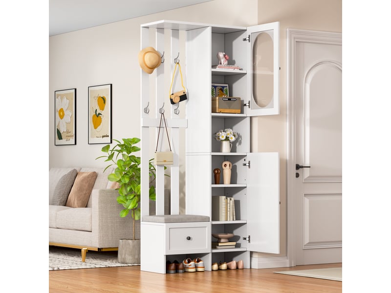  Vestiaire d'entrée, meuble de rangement avec banc de chaussage et portemanteau, en panneaux de particules et verre trempé 85x33.5x200cm, blanc  - Conforama C