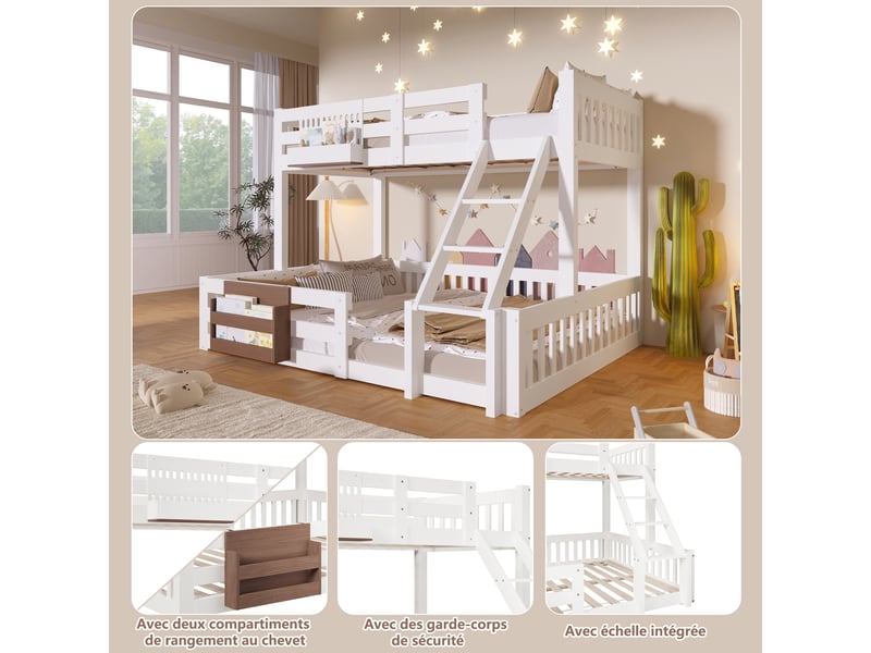  Lit superposé enfant 90x200 et 140x200 cm avec rangements, garde-corps et échelle intégrée, métal, mdf et pin, blanc Sol Morn - Conforama E
