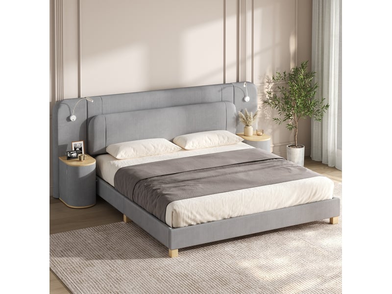  Lit 180x200 cm avec chevets 2 niveaux, lampes led, tête rembourrée, velours côtelé mdf gris sans matelas  - Conforama B
