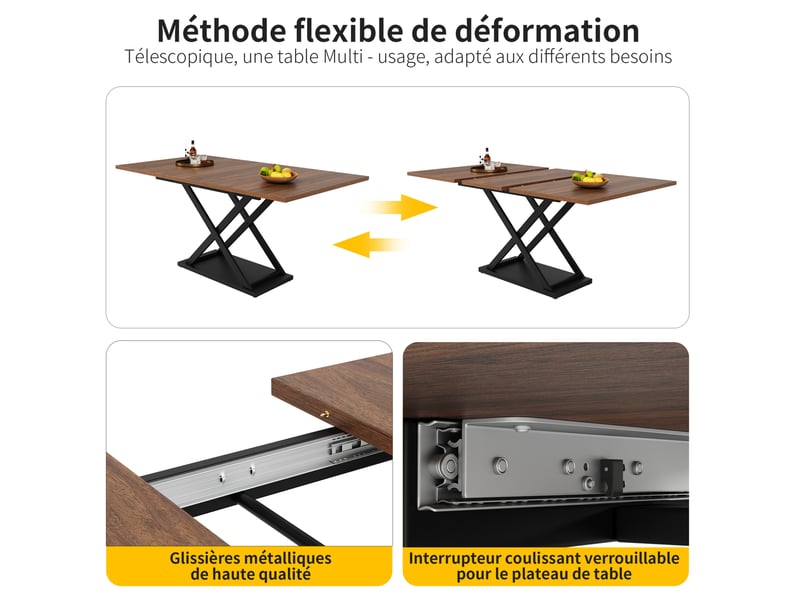  Table à manger extensible – plateau mdf noyer et piètement métal noir – 120 à 160 x 80 cm  - Conforama E