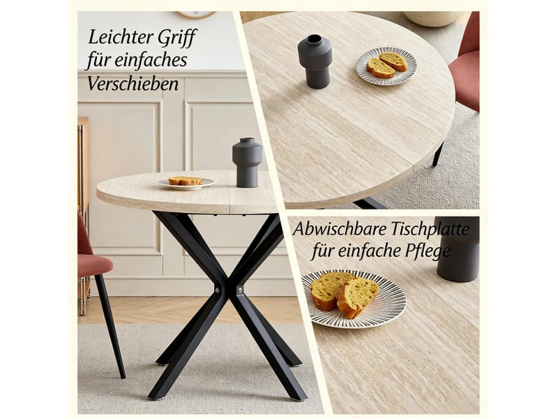 Table de salle à manger ronde 100 cm en mdf décor bois clair, piètement métal noir pour 4 à 6 convives - Conforama D