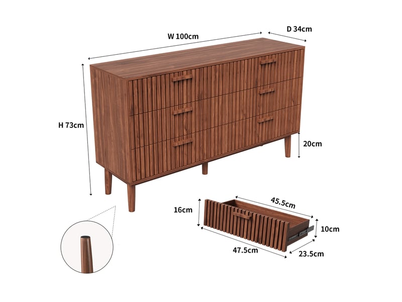 Commode de chambre, 100x34x73 cm, avec 6 tiroirs de grand rangement, en bois, design à lattes, couleur noyer - Conforama E