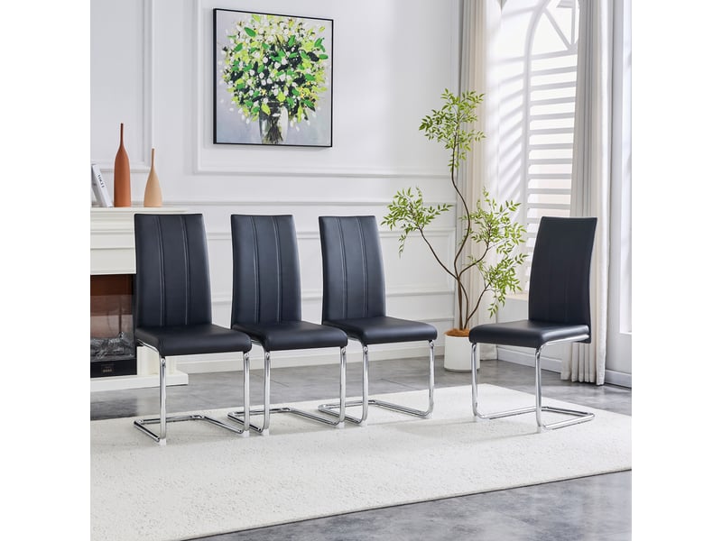 Lot de 4 chaises de salle à manger 41.5x42.5x99cm – chaises cantilever modernes à dossier haut avec métal argenté chromé – simili cuir - noir - Conforama B