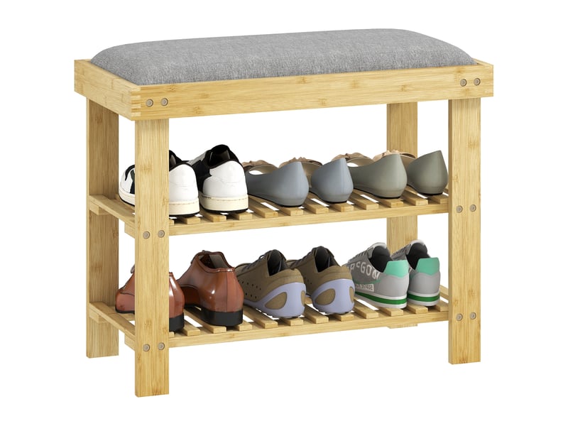  Banc à chaussures en bambou avec coussin, étagère à chaussures à 2 niveaux pour entrée ou chambre, 60 x 29 x 49 cm, gris  - Conforama A