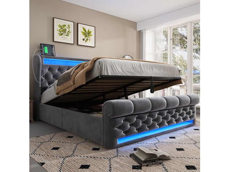  Lit double avec rangement hydraulique led gris en velours 140 x 190 cm  - Conforama D