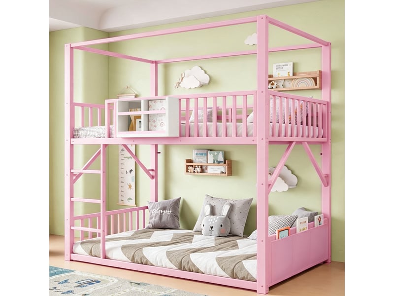  Lit superposé métal 90x200 cm pour enfant et ado, structure simple gain de place avec toit, lit superposé moderne rose  - Conforama B