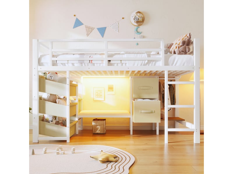Lit mezzanine,90 x 200 cm,avec coussin d'assise, tiroir de rangement en tissu, pochette de rangement en tissu, éclairage led,blanc - Conforama D