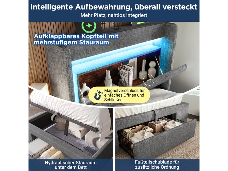 Lit capitonné, lit enfant 90x200 cm, rangement hydraulique, tête de lit avec rangement, led, usbusb-c, lin gris, matelas inclus  - Conforama E