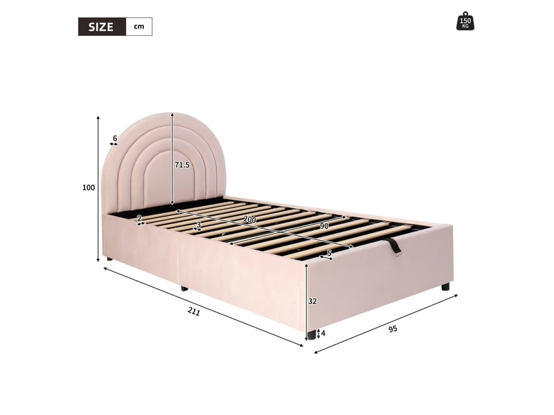  Lit coffre 90x200 cm avec tête de lit, velours, rose, sans matelas  - Conforama C