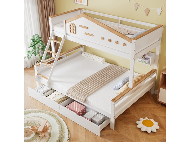  Lit enfant 90+140x200cm, 2 tiroirs, lit superposé avec escalier, étagère rangement et sommiers, bois blanc, sans matelas  - Conforama B