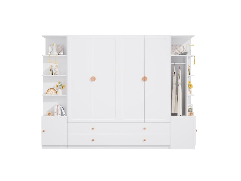 Armoire 6 portes avec 4 tiroirs et 4 penderies, rangement pour chambre en mdf, bois et acier blanc 270 × 45 × 200 cm - Conforama A