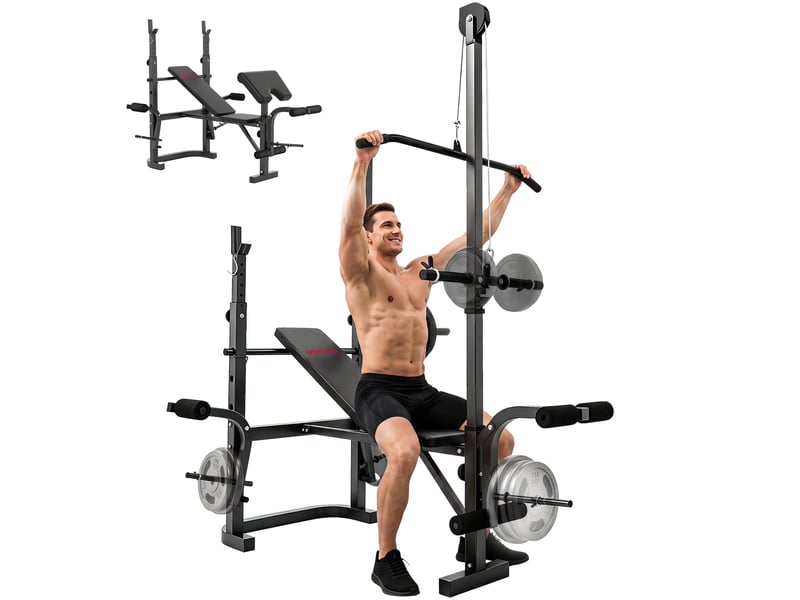 Banc de musculation avec support pour barre réglable, extension des jambes, pupitre à biceps et position papillon pour salle de sport - Conforama A
