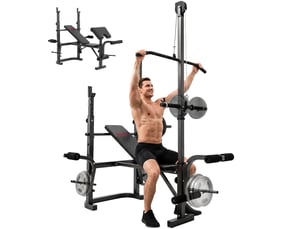 Banc de musculation avec support pour barre réglable, extension des jambes, pupitre à biceps et position papillon pour salle de sport