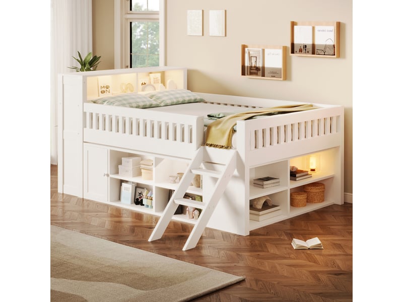 Lit mezzanine 140x200 cm blanc, avec rangements, étagères ouvertes, placard, led au chevet, échelle, sommier inclus, sans matelas  - Conforama W