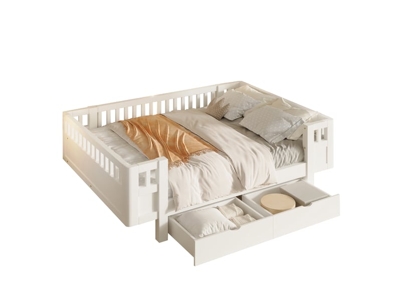  Lit enfant 140 x 200 cm avec barrières de sécurité hautes et 2 grands tiroirs, bois massif et mdf, blanc CozyNest - Conforama A