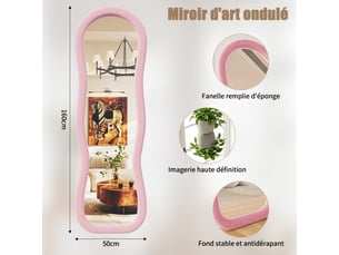 Miroir sur pied - 160 x 50 cm - rose - miroir plein pied ondulé, cadre rembourré en velours, style romantique français
