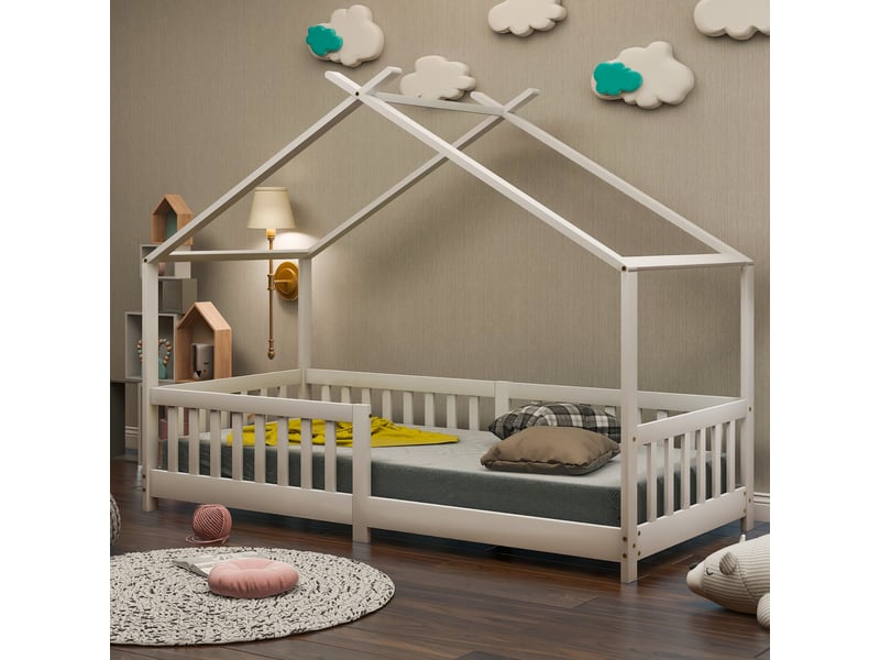 Lit cabane enfant 90 x 200 cm en bois massif fsc avec barrière anti-chute - sommier à lattes, espace de rangement sous le lit, blanc IKSETERA TRADING LTD - Conforama W