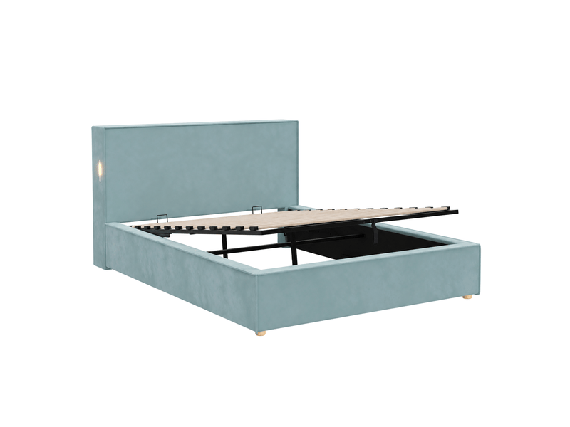  Lit coffre enfant 140 × 200 cm en velours bleu avec sommier relevable Fay Lum - Conforama E
