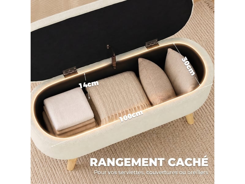 Banc banquette, bout de lit, 110l x 40p x 43h cm, coffre de rangement 2 en 1 en tissu avec pieds en bois, crème  - Conforama A