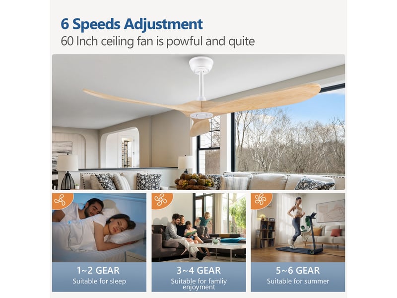  Ventilateur de plafond à pales en bois, sans éclairage, structure métallique - blanc et naturel 152x152x32cm - Conforama D