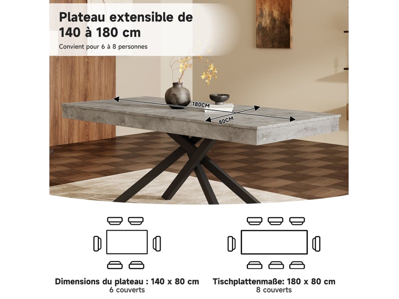 Table à manger extensible, 140-180x80x76 cm, salle à manger, design moderne, plateau mdf, piètement métal, coloris gris - Conforama D