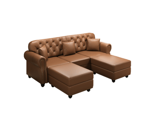 Canapé chesterfield 3 places + 2 poufs en simili cuir marron, 210 cm