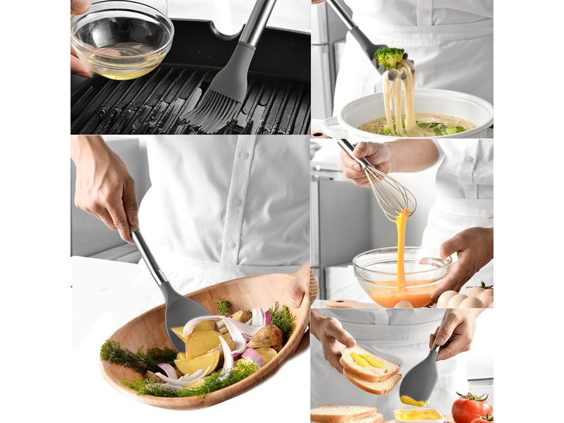  Set de 12 ustensiles de cuisine en silicone et acier inoxydable gris avec rangement chicfurn  - Conforama D