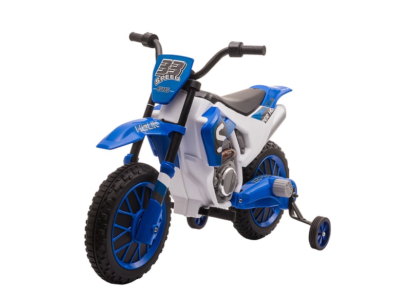  Moto électrique tout-terrain pour enfants de 3 à 5 ans, avec batterie rechargeable 12 v et stabilisateurs amovibles, 106,5 x 51,5 x 68 cm, bleue  - Conforama B