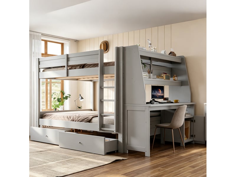  Lit superposé modenvie 140 x 200 cm avec bureau, rangements et 2 tiroirs, gris  - Conforama E