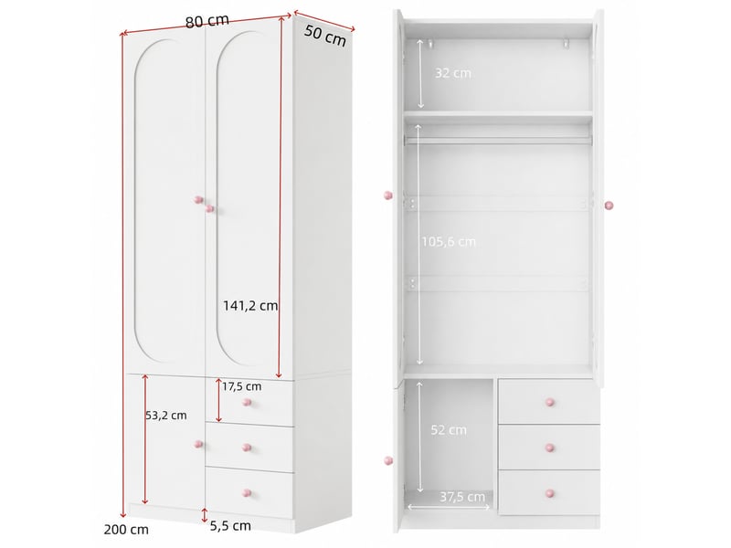 Ensemble armoire 2 portes 50 x 80 x 200 cm avec tiroirs, penderie et poignées en céramique rose, finition laquée blanche, meuble de rangement pour chambre - lot de 2 OPULERANE TRADING LTD - Conforama C