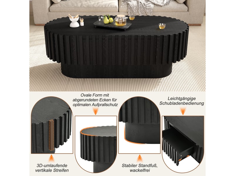  Table basse ovale avec 1 tiroir et base stable, décor à lamelles verticales, en mdf noir, pour salon, 100×50×35,5 cm  - Conforama E