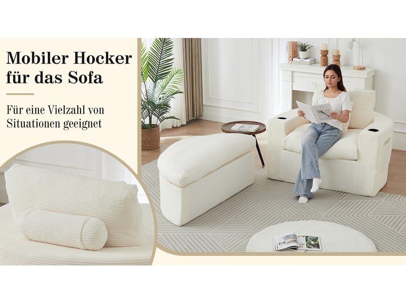  Fauteuil lounge rond extra grand sans armature avec pouf, rangement integre et porte-gobelet, coussin double couche  - Conforama E