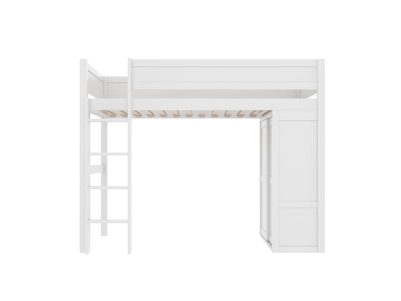  Lit mezzanine blanc 90x200 cm en pin, armoire, rangements et espace ouvert  - Conforama A