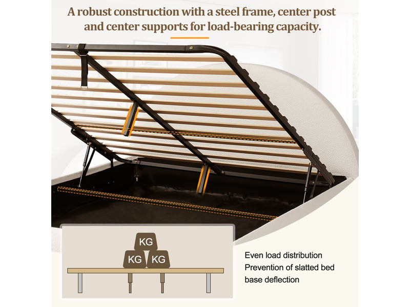  Lit coffre adulte 180x200 cm – blanc bouclé – sommier à lattes, rangement hydraulique, tête de lit capitonnée  - Conforama E