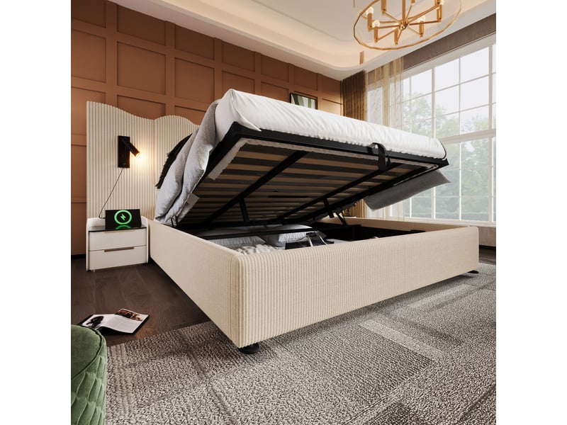 Lit coffre rembourré 180x200 cm avec liseuse intégrée, usb type-c, sommier à lattes bois et métal, velours côtelé beige blanc Morn Vibe - Conforama D