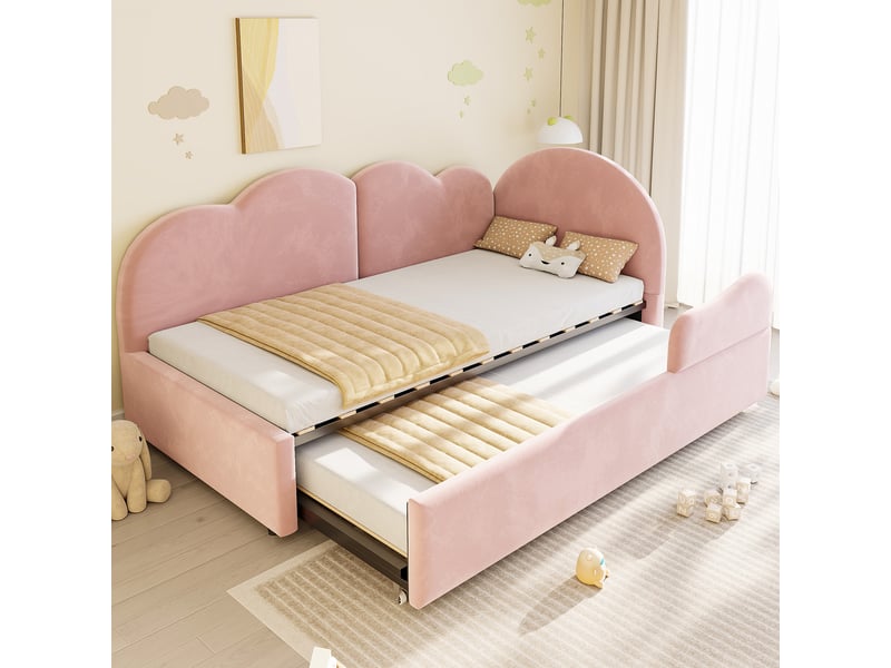  Lit superposé en l 90x200+90x190 cm, tête de lit nuage, velours rose, sans matelas  - Conforama R