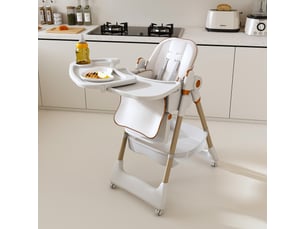Chaise haute bébé pliable, dossier réglable, harnais 5 points, roulettes verrouillables, en polypropylène blanc