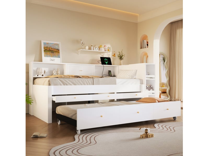 Lit gigogne 90x200 cm, couchage ouvert 90x190 cm, 3 tiroirs, usb, mdf et pin blanc sans matelas - Conforama E