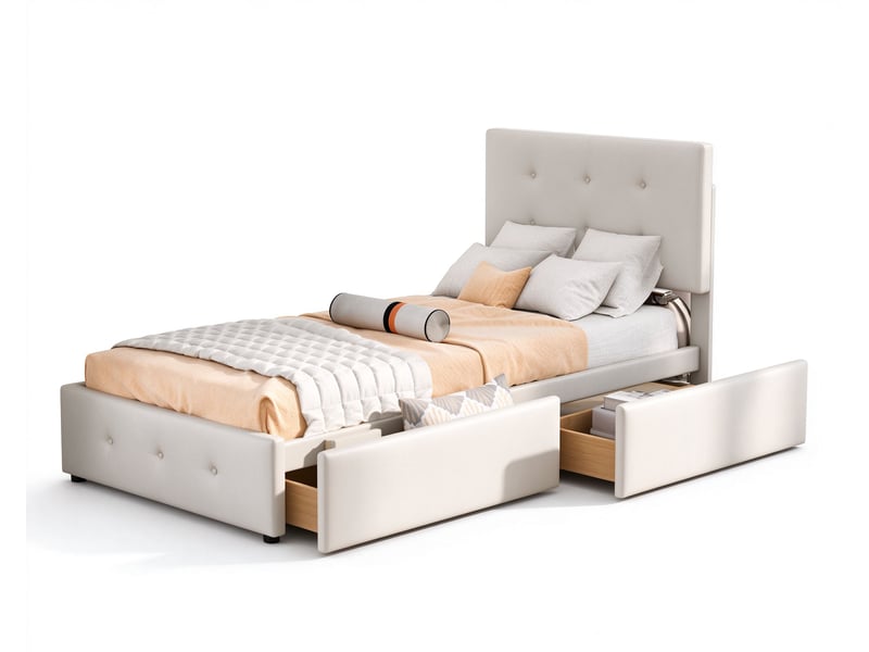  Lit simple rembourré 90x200 cm avec 2 tiroir, tête de lit et sommier à lattes, design bas, velours, métal, beige Morn Vibe - Conforama A