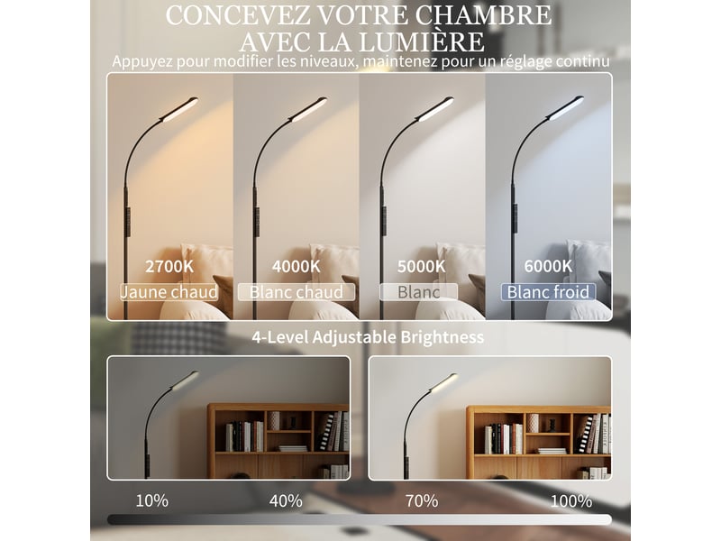  Lampadaire sur pied de salon avec télécommande, contrôle tactile, noir, température couleur et luminosité réglables  - Conforama R