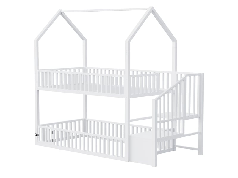  Lit superposé 90x200 cm, lit enfant, escalier, cadre métallique robuste, couchage confortable pour 2 personnes, support à lattes stable, métal blanc CozyNest - Conforama E